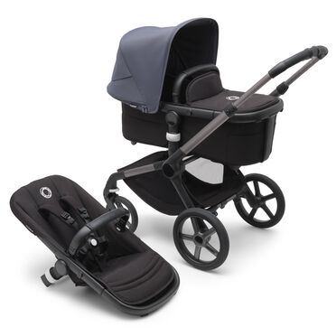 Bugaboo Fox 5 carrycot and seat pushchair with graphite chassis, midnight black fabrics and stormy blue sun canopy.