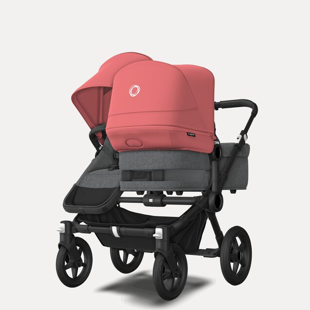 Bugaboo Donkey 5 Duo double stroller black base, grey mélange fabrics, sunrise red sun canopy - Main Image Slide 3 of 11
