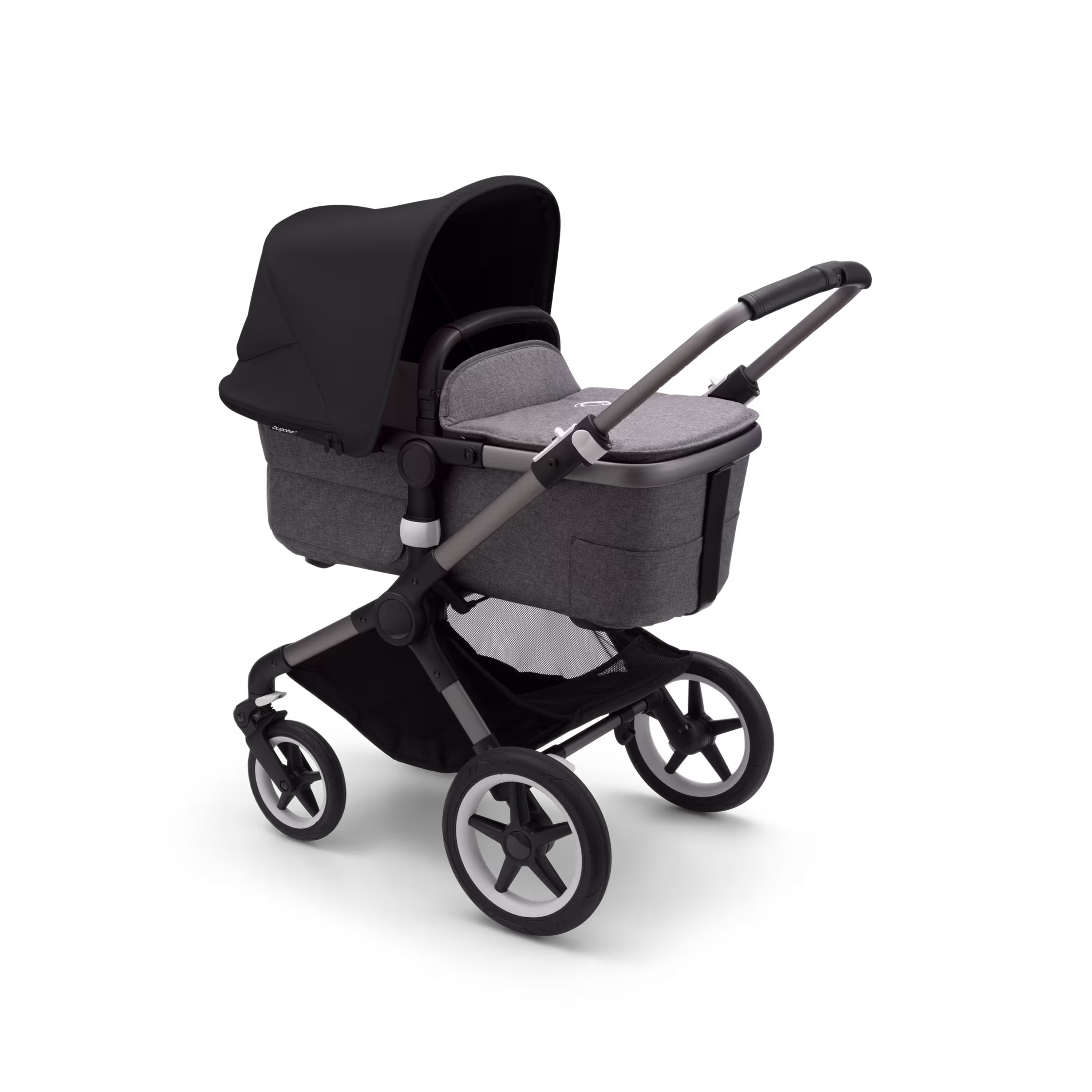 Bugaboo Fox 3 bassinet stroller with graphite frame, grey melange fabrics, and black sun canopy. - Main Modal Image Slide 2 of 7