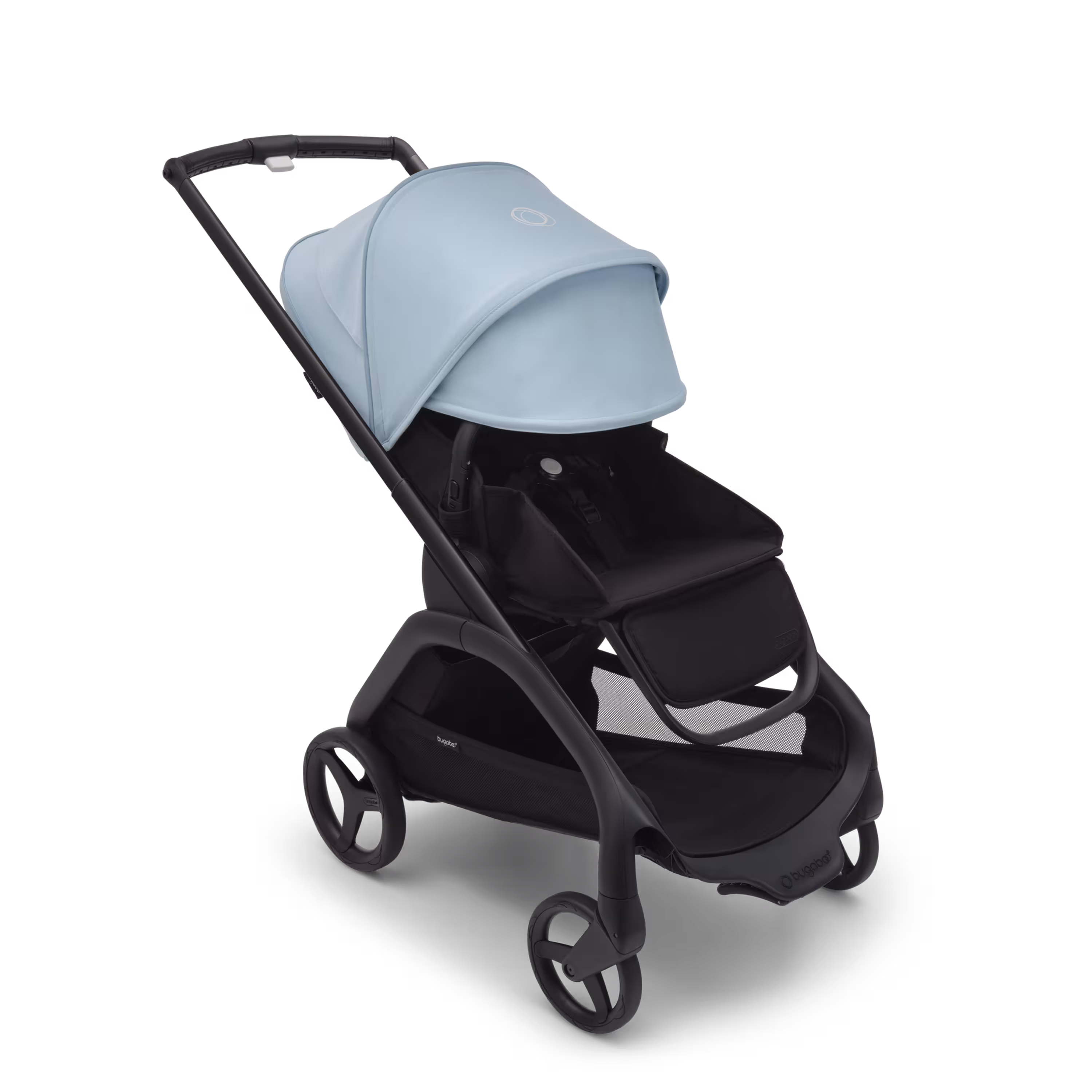 Bugaboo Dragonfly seat stroller with black chassis, midnight black fabrics and skyline blue sun canopy. The sun canopy is fully extended. - Main Modal Image Slide 3 of 16