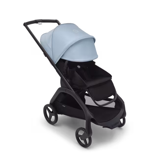 Bugaboo Dragonfly seat stroller with black chassis, midnight black fabrics and skyline blue sun canopy. The sun canopy is fully extended. - Main Image Slide 3 of 16