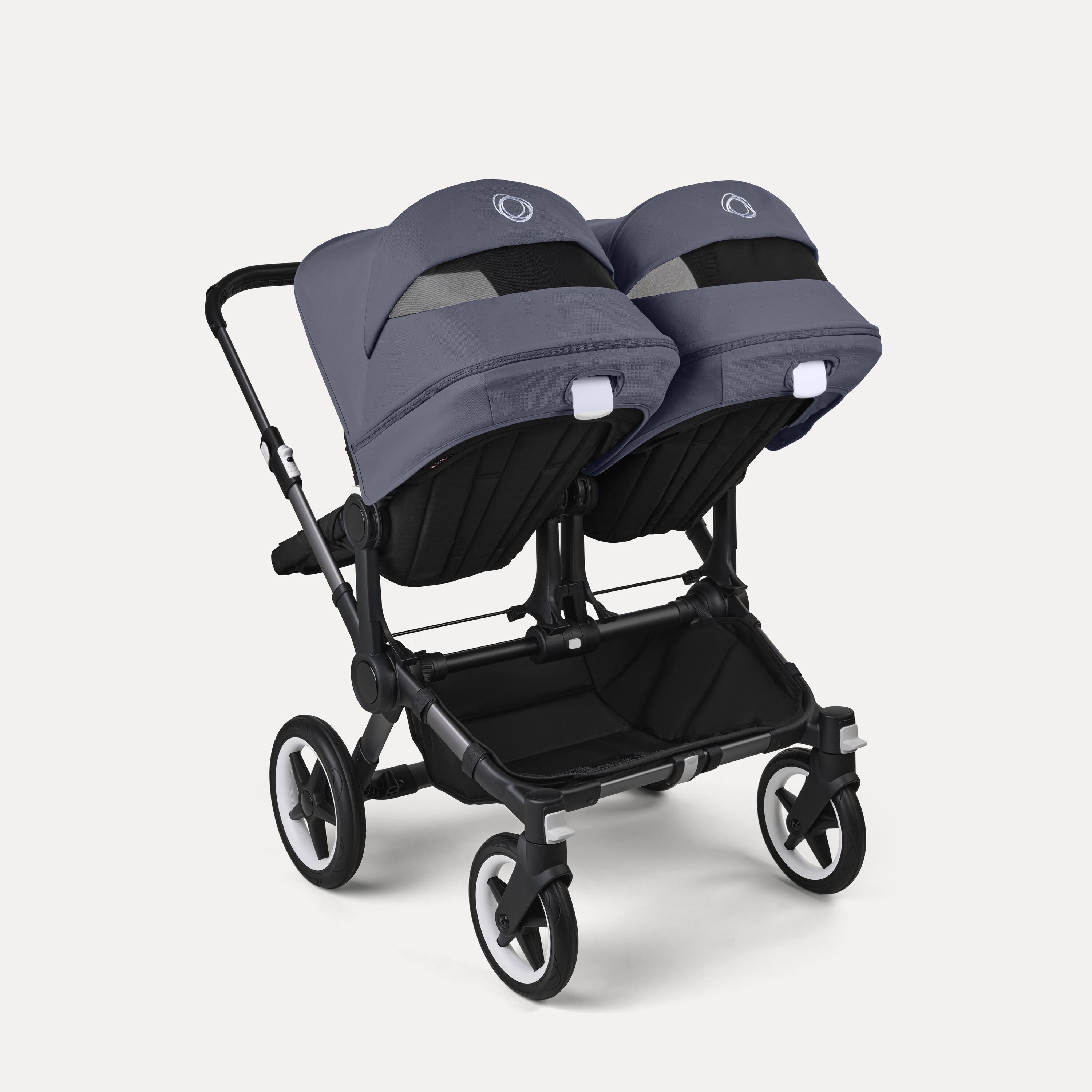 Bugaboo Donkey 5 twin stroller graphite base, midnight black fabrics, stormy blue sun canopy - Main Modal Image Slide 4 of 12