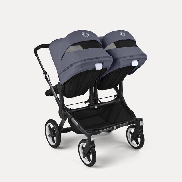 Bugaboo Donkey 5 twin stroller graphite base, midnight black fabrics, stormy blue sun canopy - Main Image Slide 4 of 12
