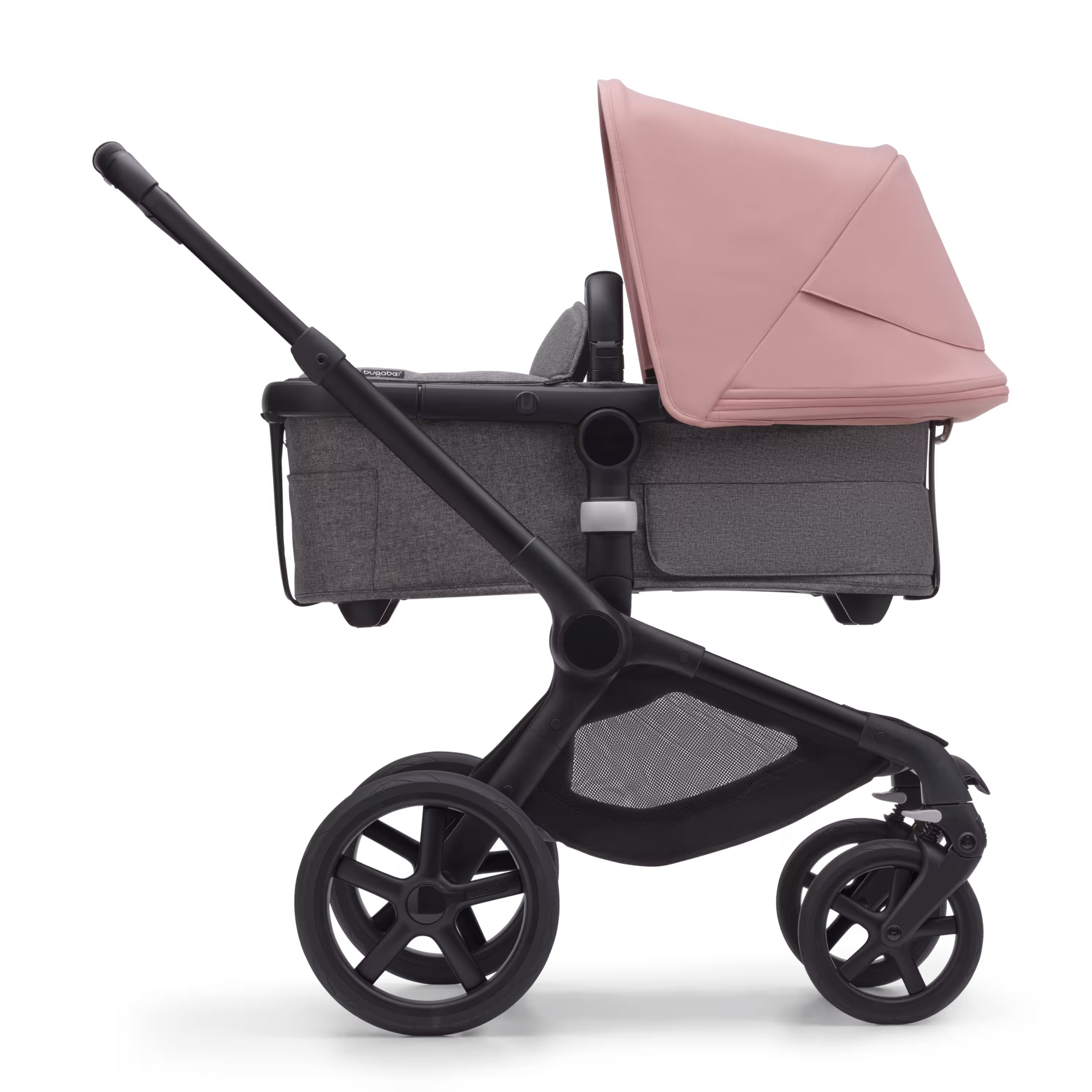 Side view of the Bugaboo Fox 5 carrycot pushchair with black chassis, grey melange fabrics and morning pink sun canopy. - Main Modal Image Slide 2 of 13