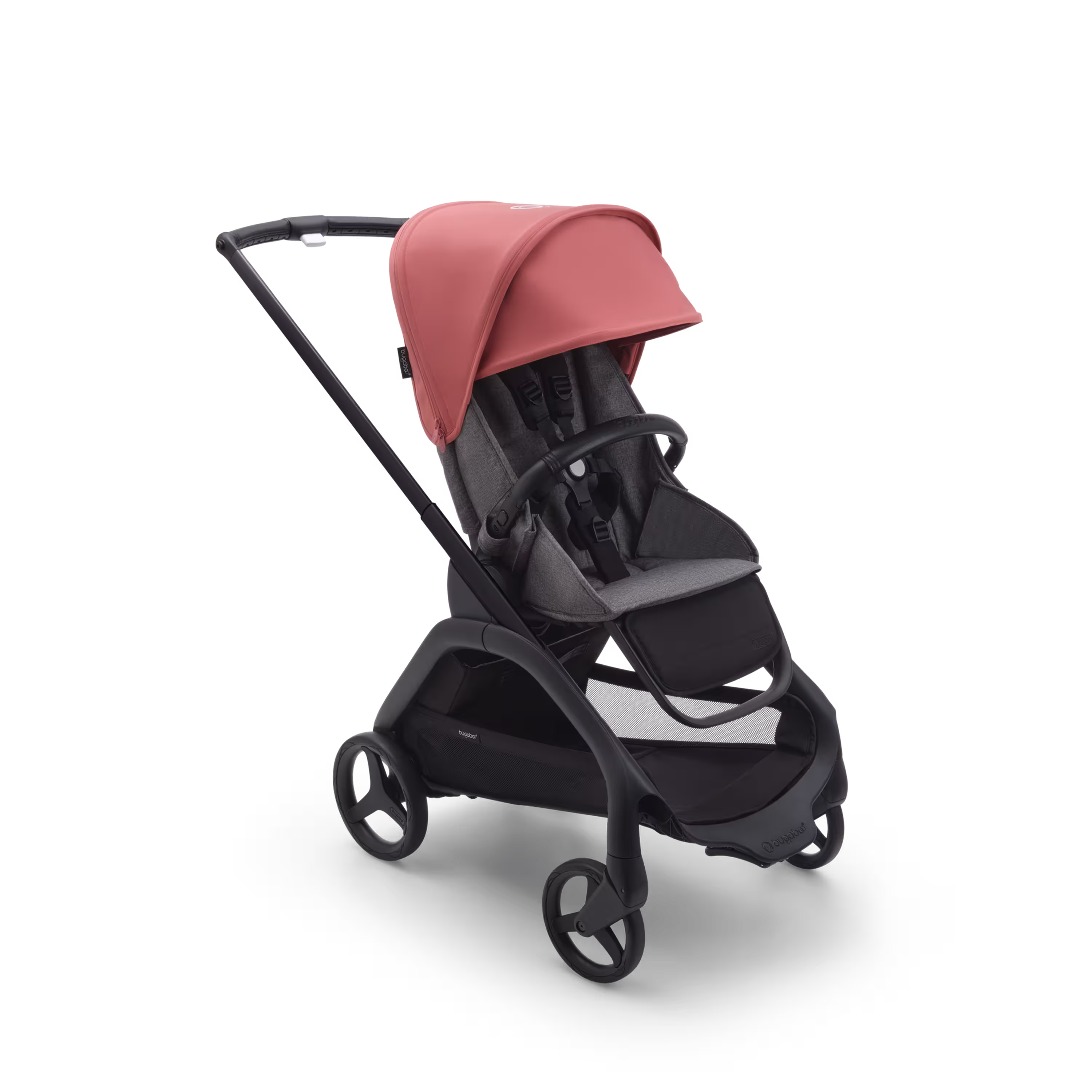 Bugaboo Dragonfly seat stroller with black chassis, grey melange fabrics and sunrise red sun canopy. - Main Modal Image Slide 1 of 15