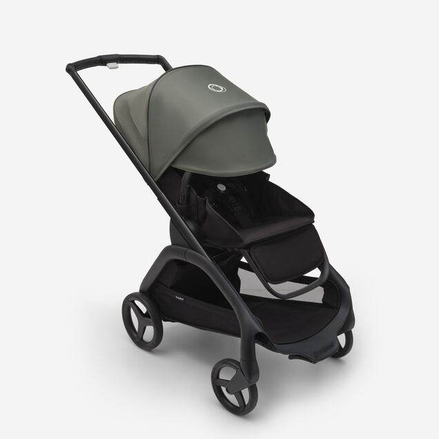 Bugaboo Dragonfly seat stroller with black chassis, midnight black fabrics and forest green sun canopy. The sun canopy is fully extended. - Main Image Slide 3 of 16