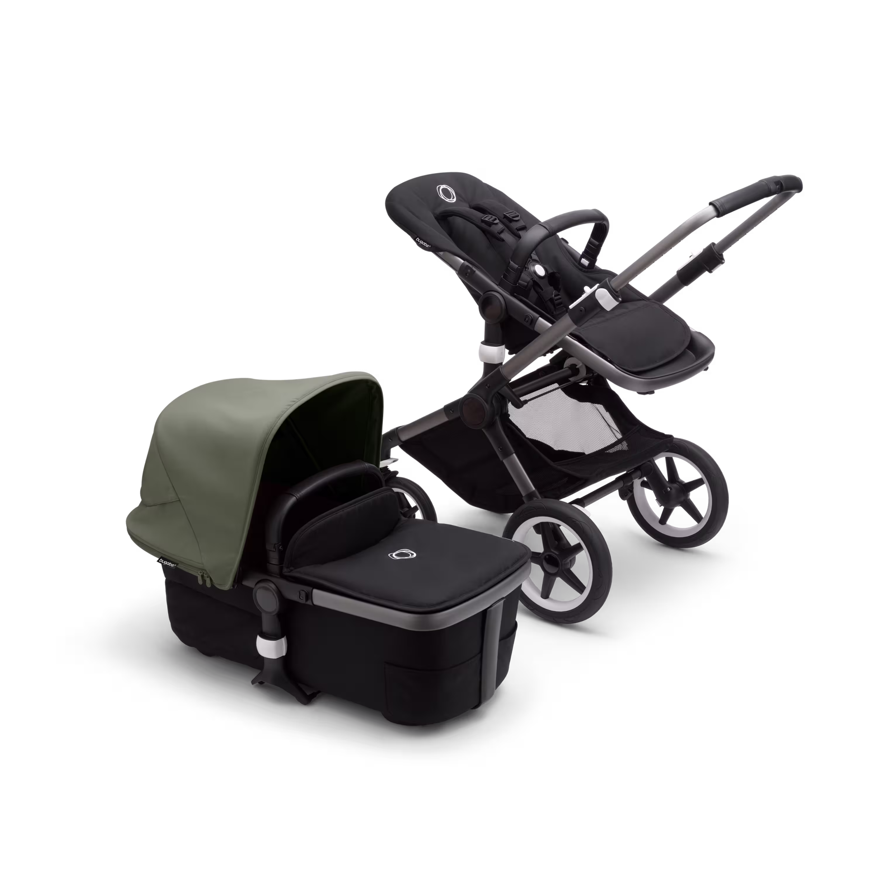 Bugaboo Fox 3 bassinet and seat stroller with graphite frame, black fabrics, and forest green sun canopy. - Main Modal Image Slide 5 of 7
