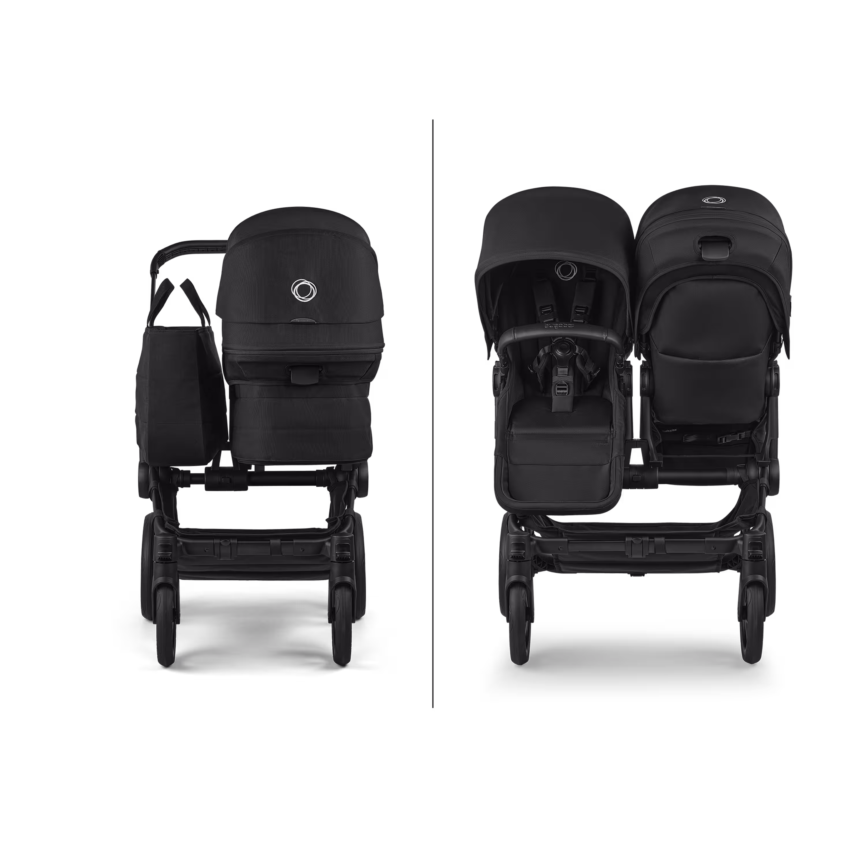 Bugaboo Donkey 6 twin stroller black base, heritage black fabrics, desert taupe melange sun canopy view 6 - Main Modal Image Slide 3 of 7
