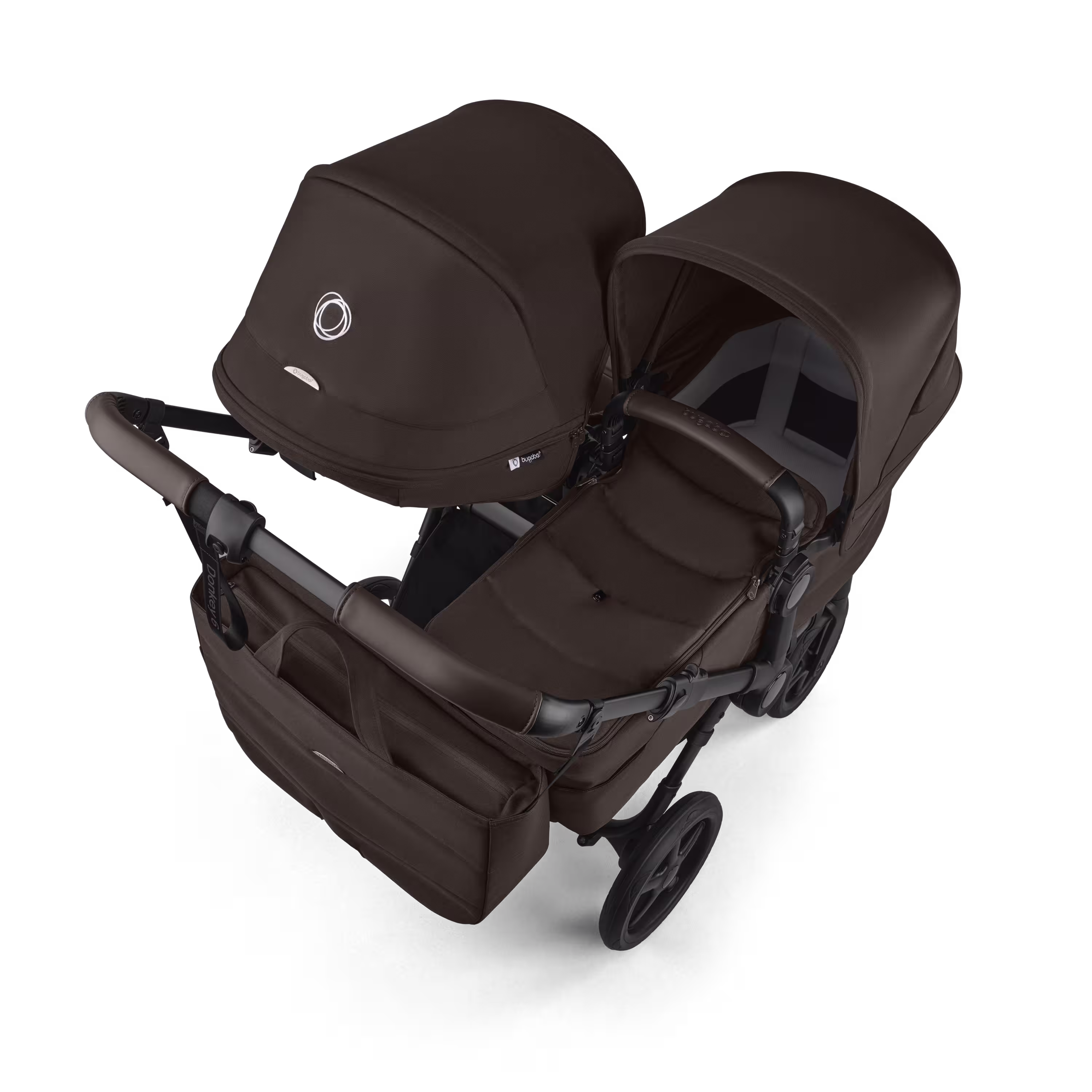 Bugaboo Donkey 6 double stroller black base, cocoa brown fabrics, cocoa brown sun canopy view 4 - Main Modal Image Slide 4 of 10
