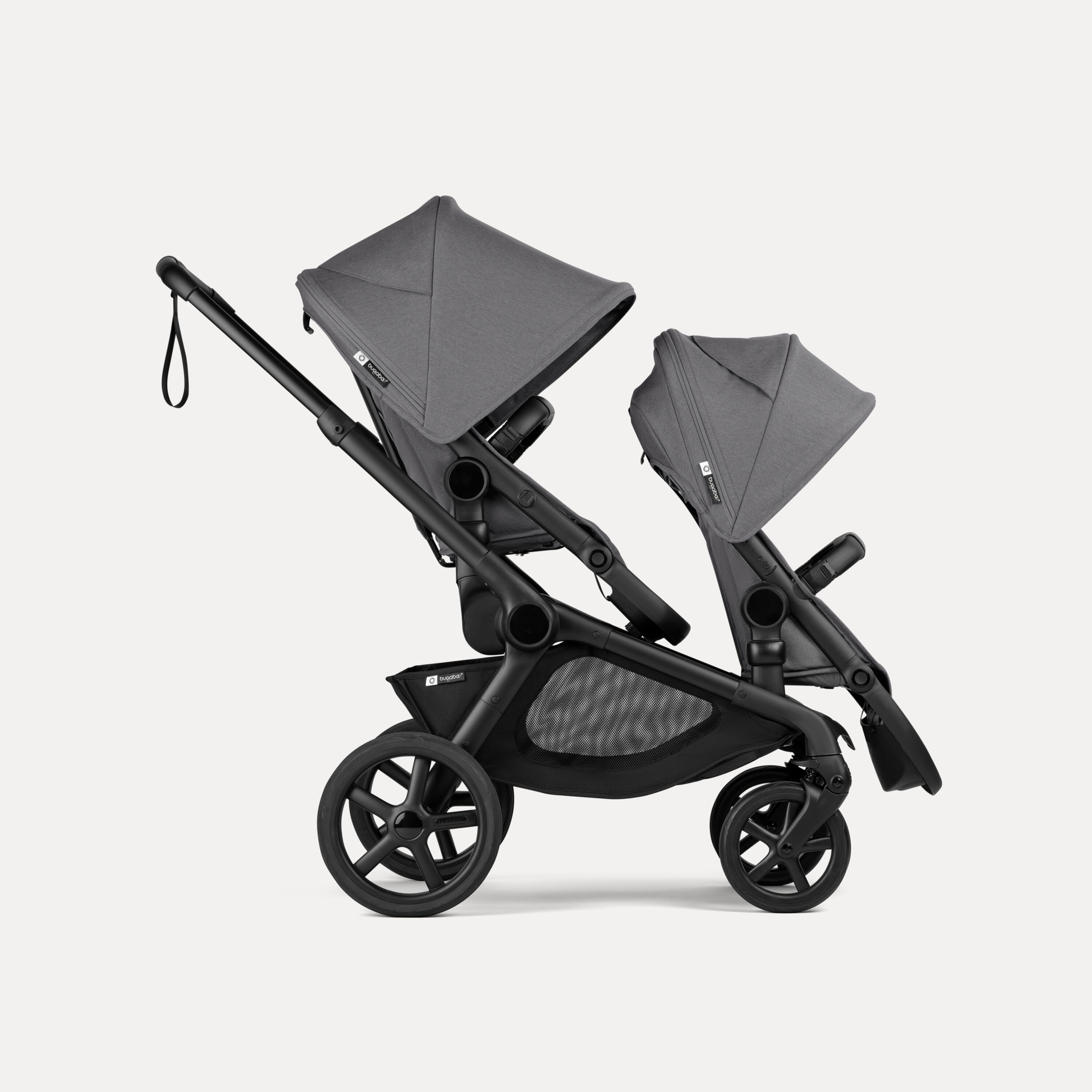 Bugaboo Kangaroo tandem pram black base, moon grey fabrics, moon grey sun canopy - Main Modal Image Slide 1 of 18