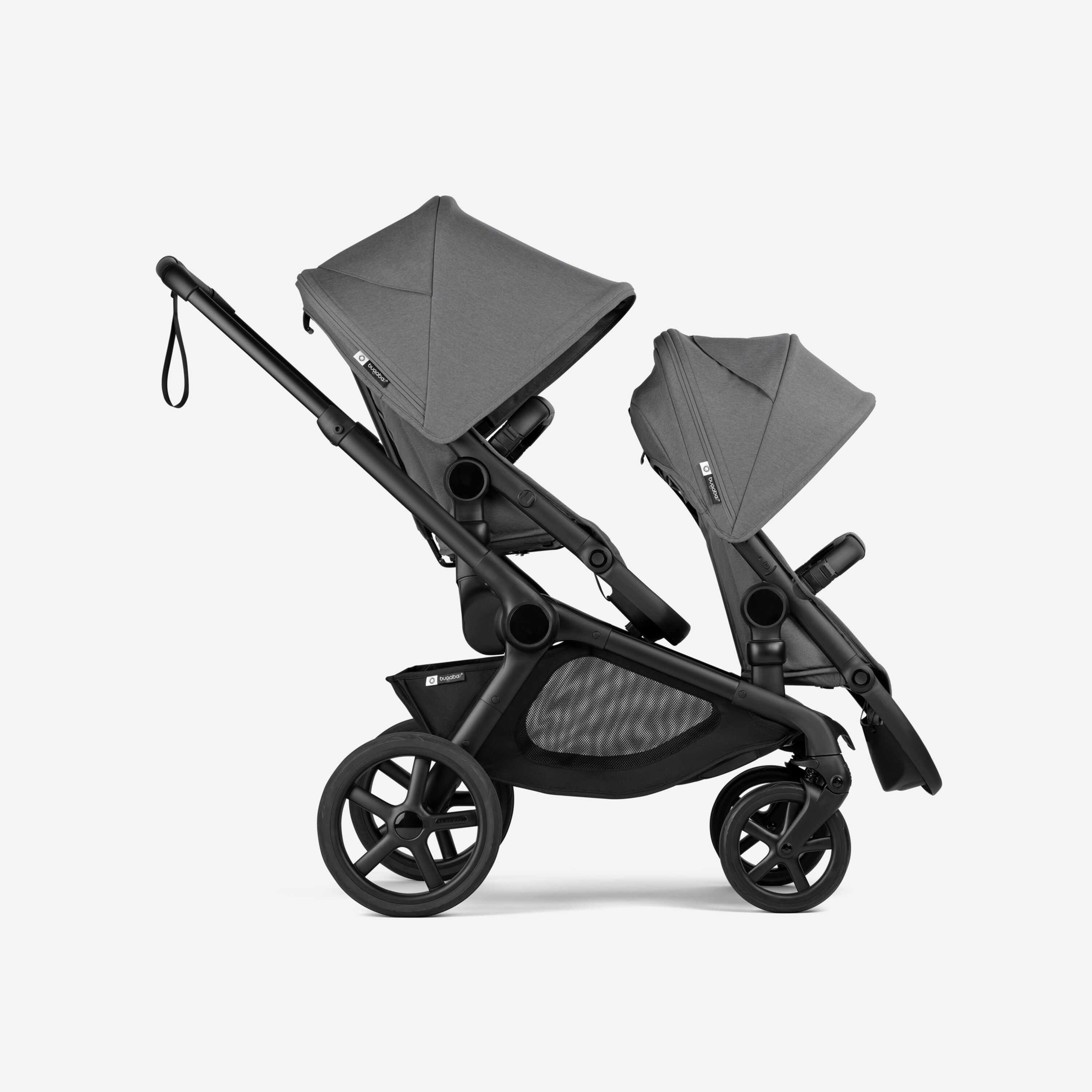 Bugaboo Kangaroo tandem pram black base, moon grey fabrics, moon grey sun canopy - Main Modal Image Slide 1 of 18