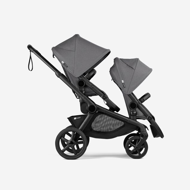 Bugaboo Kangaroo tandem pram black base, moon grey fabrics, moon grey sun canopy - Main Image Slide 1 of 18