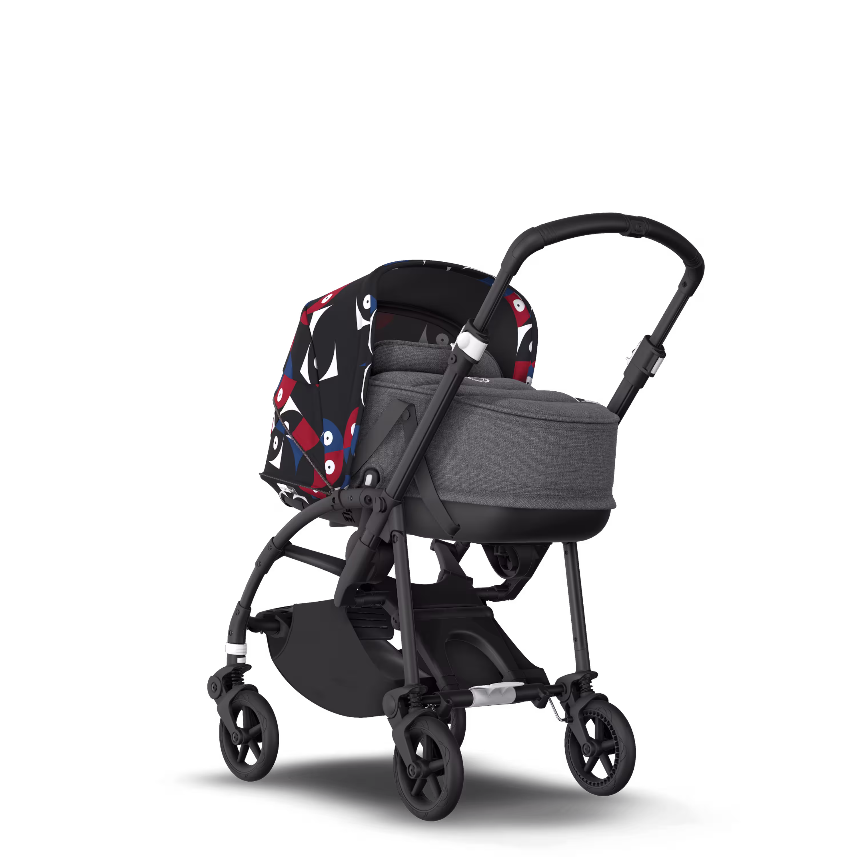 Bugaboo Bee 6 bassinet and seat stroller black base, grey fabrics, animal explorer red/blue sun canopy - Main Modal Image Slide 1 of 6