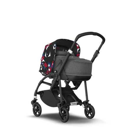 Bugaboo Bee 6 bassinet and seat stroller black base, grey fabrics, animal explorer red/blue sun canopy - view 1