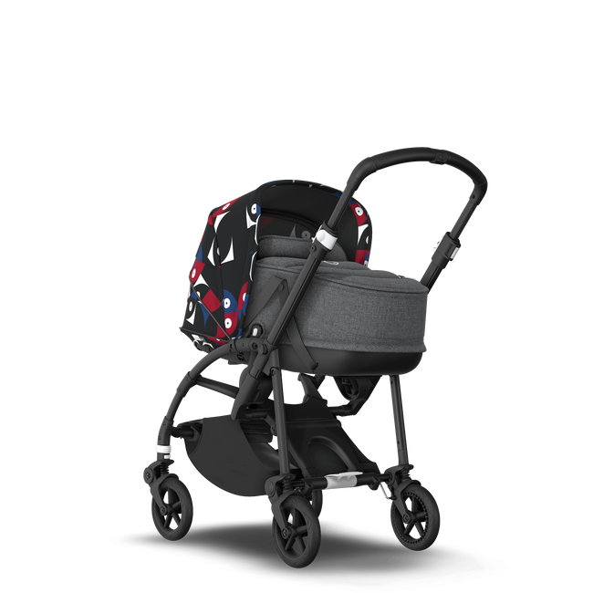 Bugaboo Bee 6 bassinet and seat stroller black base, grey fabrics, animal explorer red/blue sun canopy