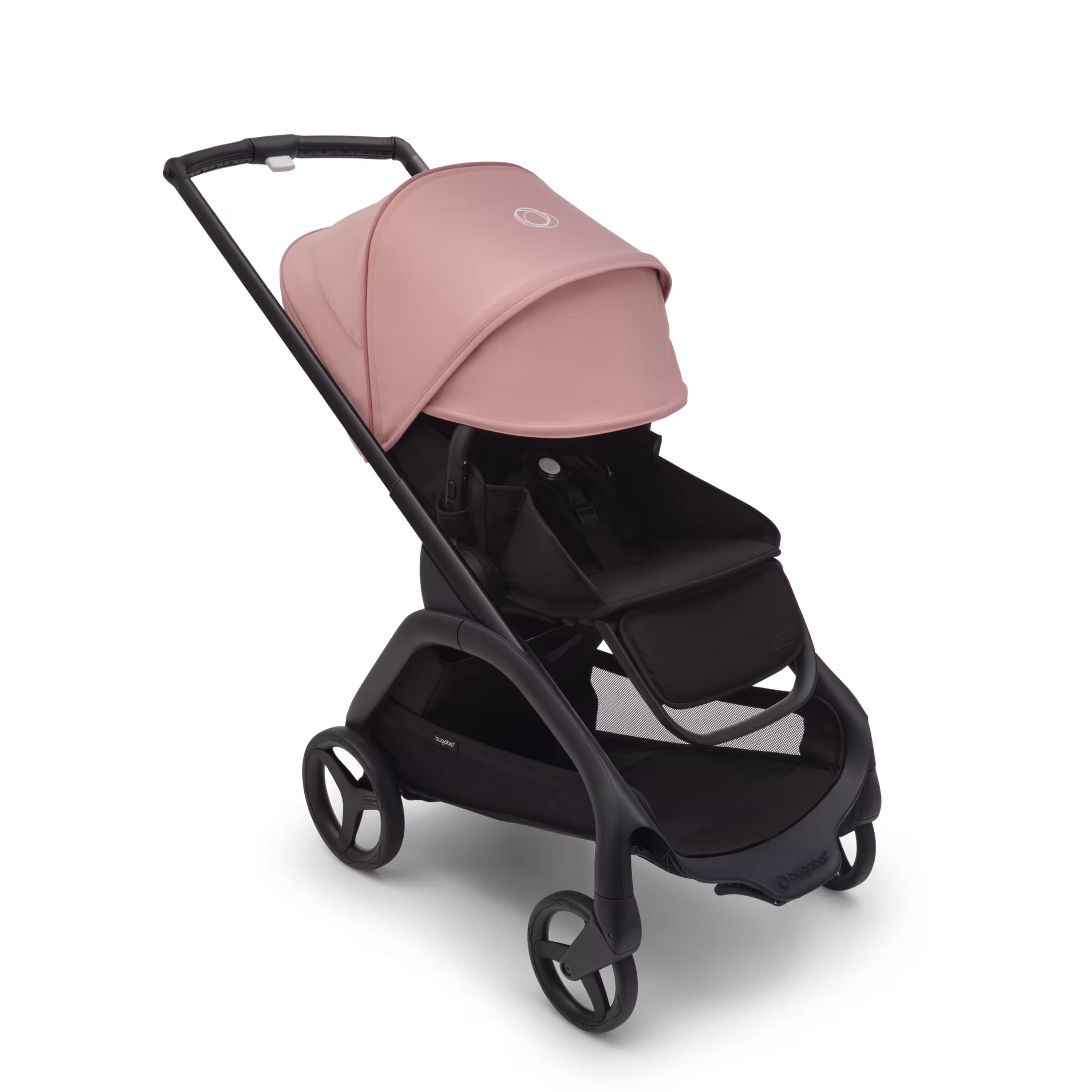Bugaboo Dragonfly seat stroller with black chassis, midnight black fabrics and morning pink sun canopy. The sun canopy is fully extended. - Main Modal Image Slide 3 of 16