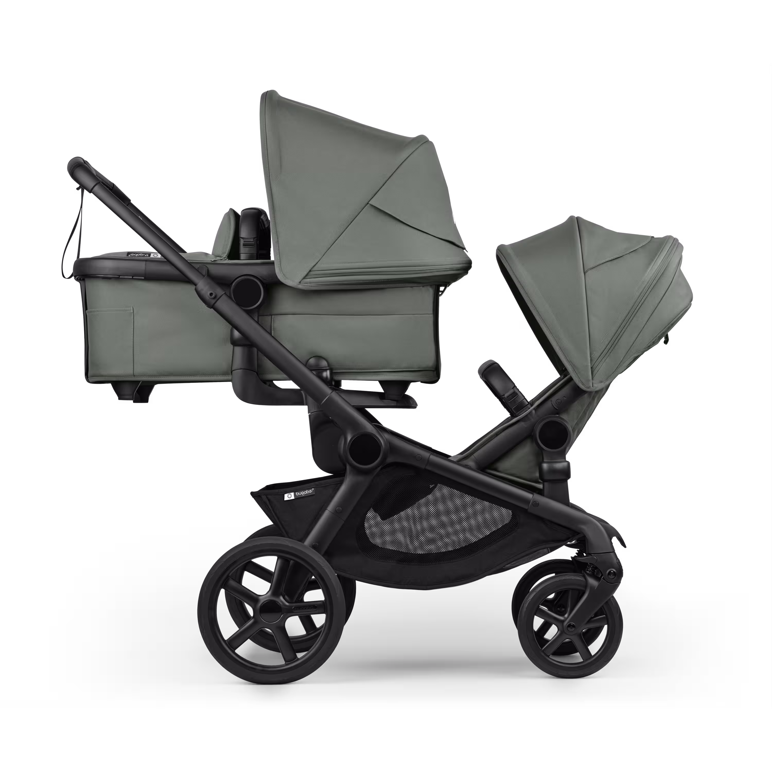 Bugaboo Kangaroo tandem pram black base, forest green fabrics, forest green sun canopy - Main Modal Image Slide 2 of 12
