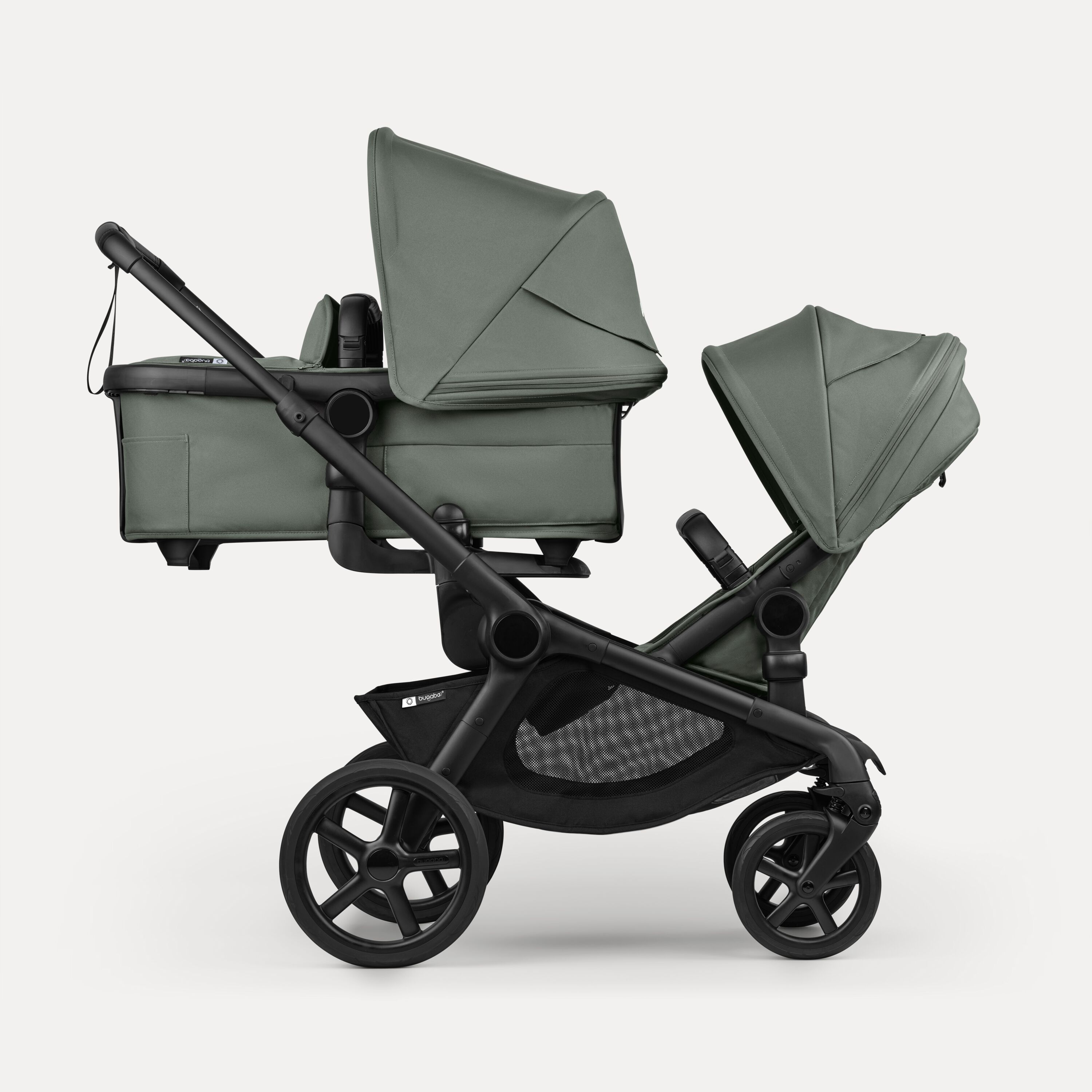 Bugaboo Kangaroo tandem pram black base, forest green fabrics, forest green sun canopy - Main Modal Image Slide 2 of 12