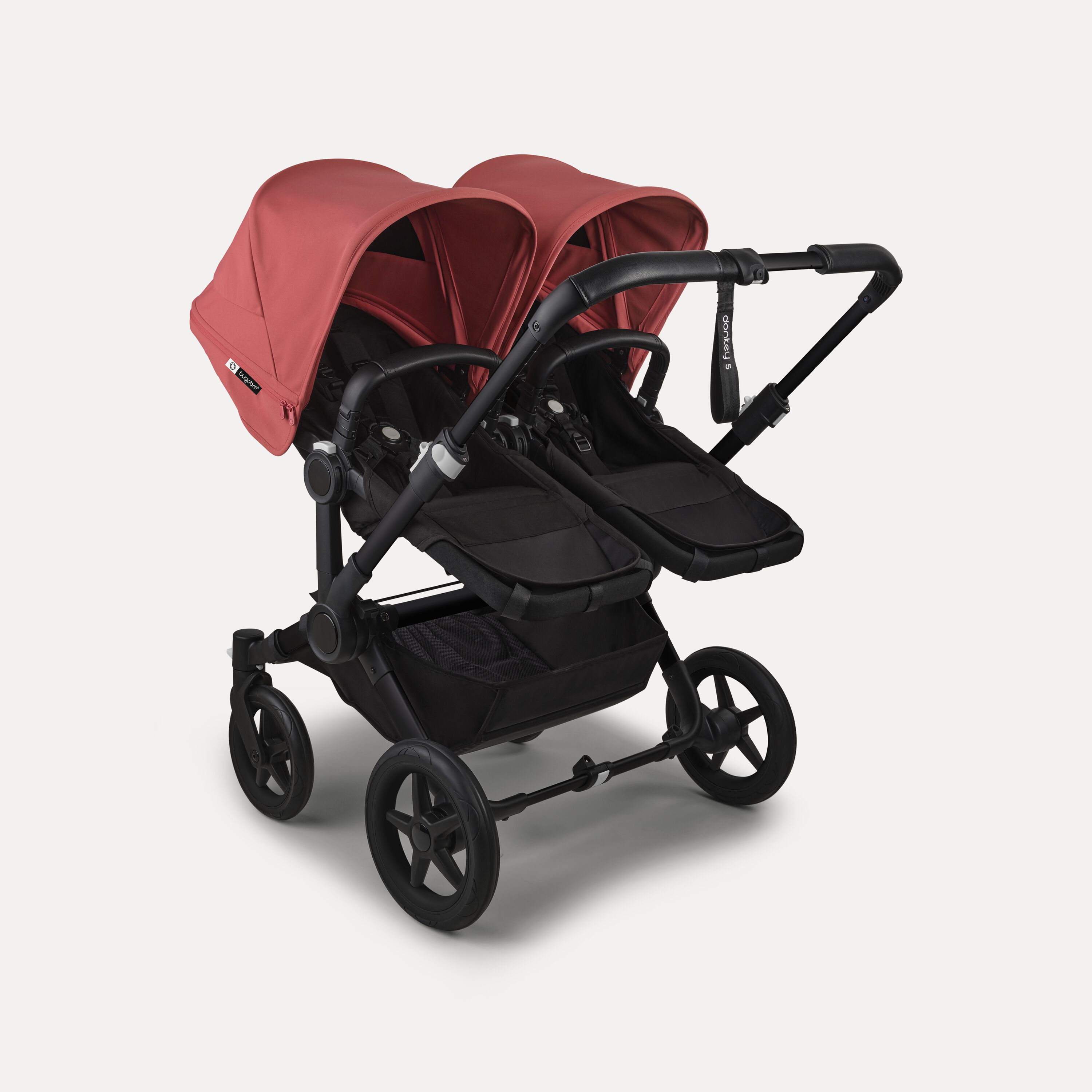 Bugaboo Donkey 5 twin stroller black base, midnight black fabrics, sunrise red sun canopy - Main Modal Image Slide 3 of 12