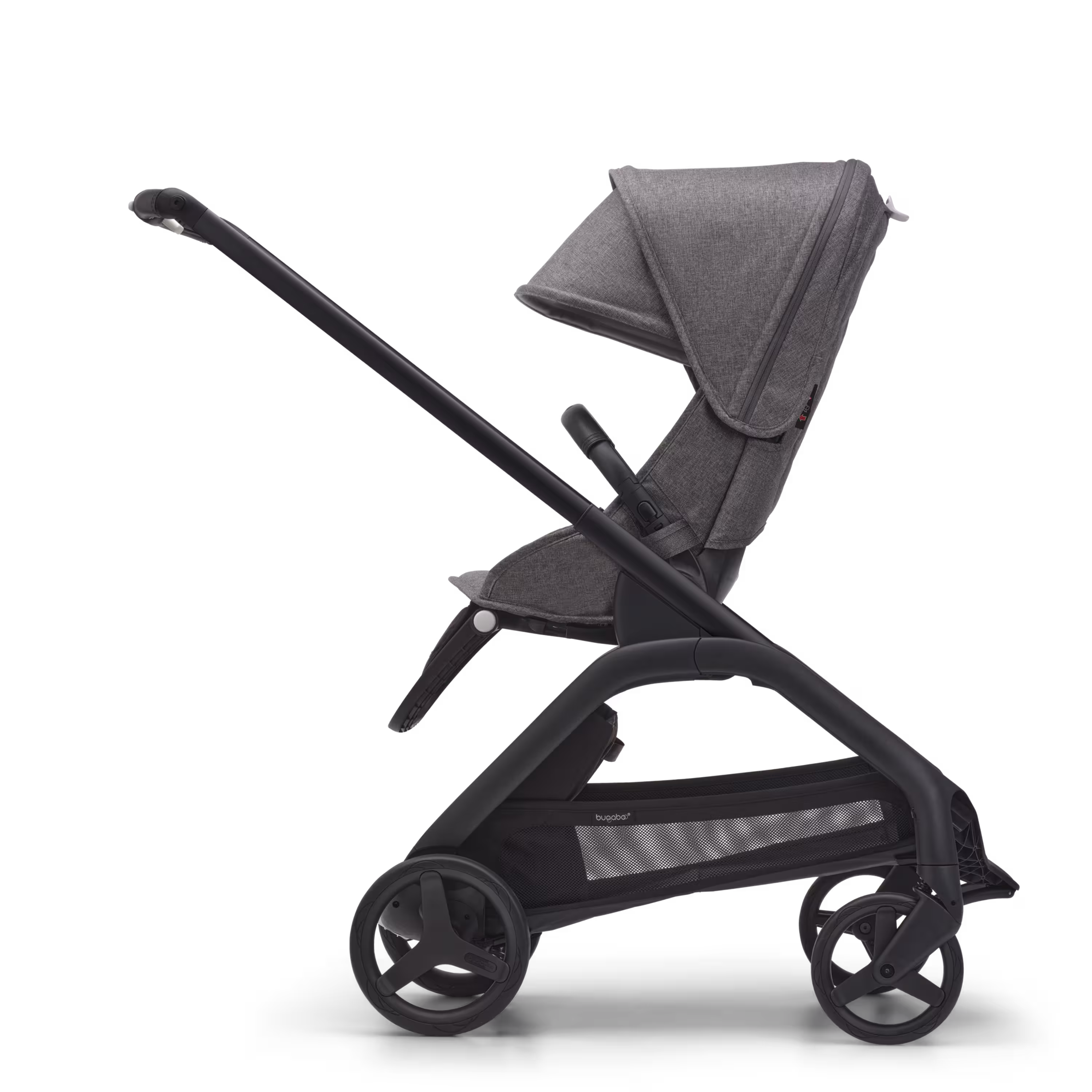 Side view of the Bugaboo Dragonfly seat stroller with black chassis, grey melange fabrics and grey melange sun canopy. - Main Modal Image Slide 2 of 16