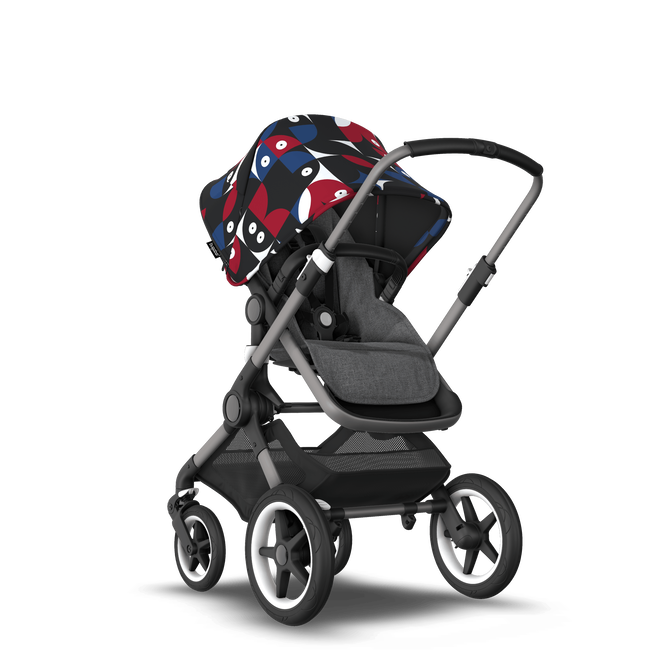 Bugaboo Fox 3 bassinet and seat stroller graphite base, grey melange fabrics, animal explorer red/blue sun canopy