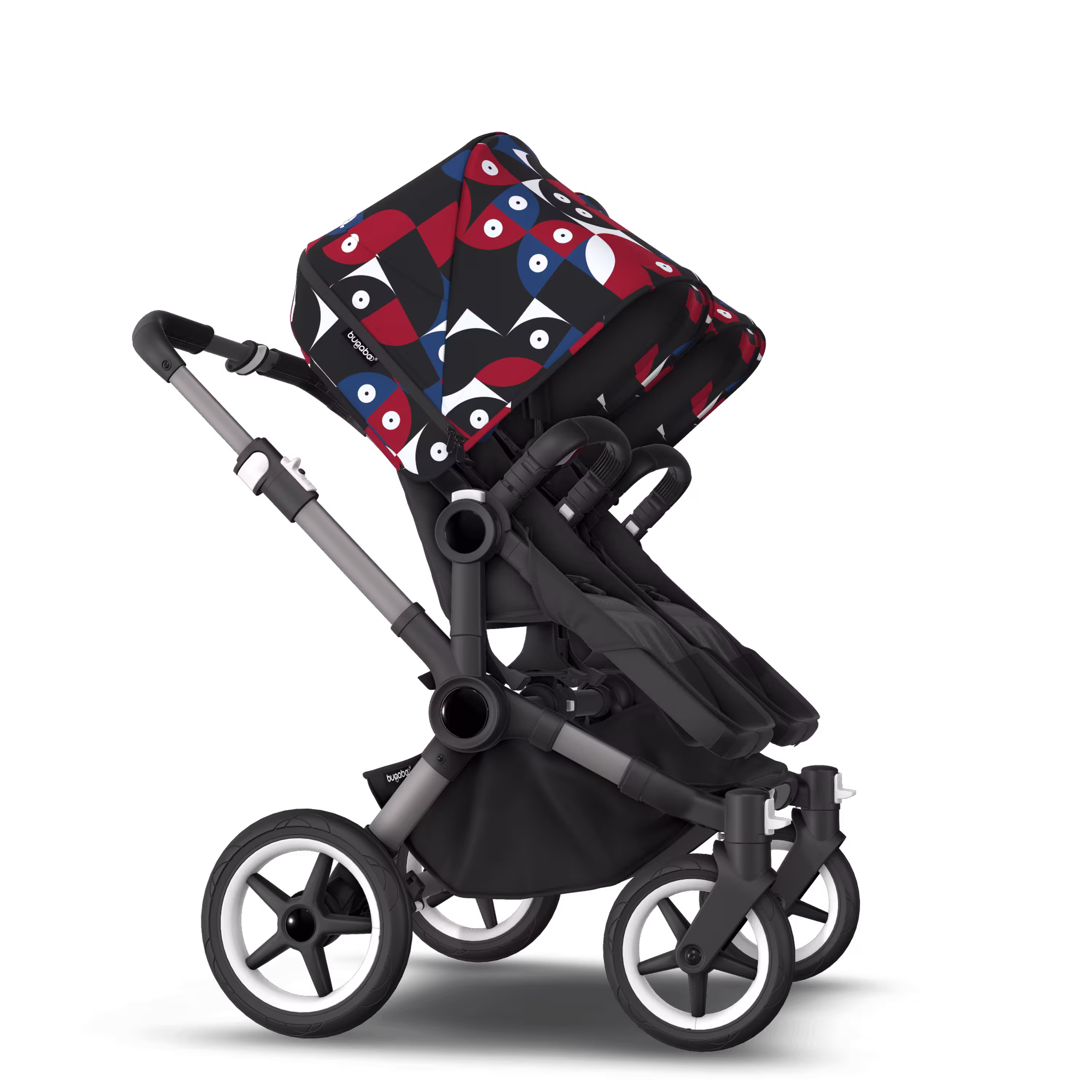 Bugaboo Donkey 5 twin stroller graphite base, midnight black fabrics, animal explorer red/blue sun canopy - Main Modal Image Slide 4 van 12