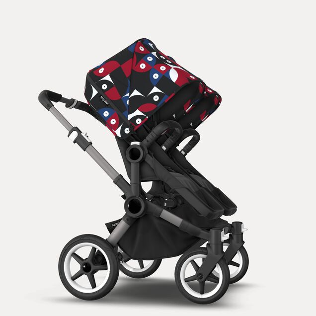 Bugaboo Donkey 5 twin stroller graphite base, midnight black fabrics, animal explorer red/blue sun canopy - Main Image Slide 4 of 12
