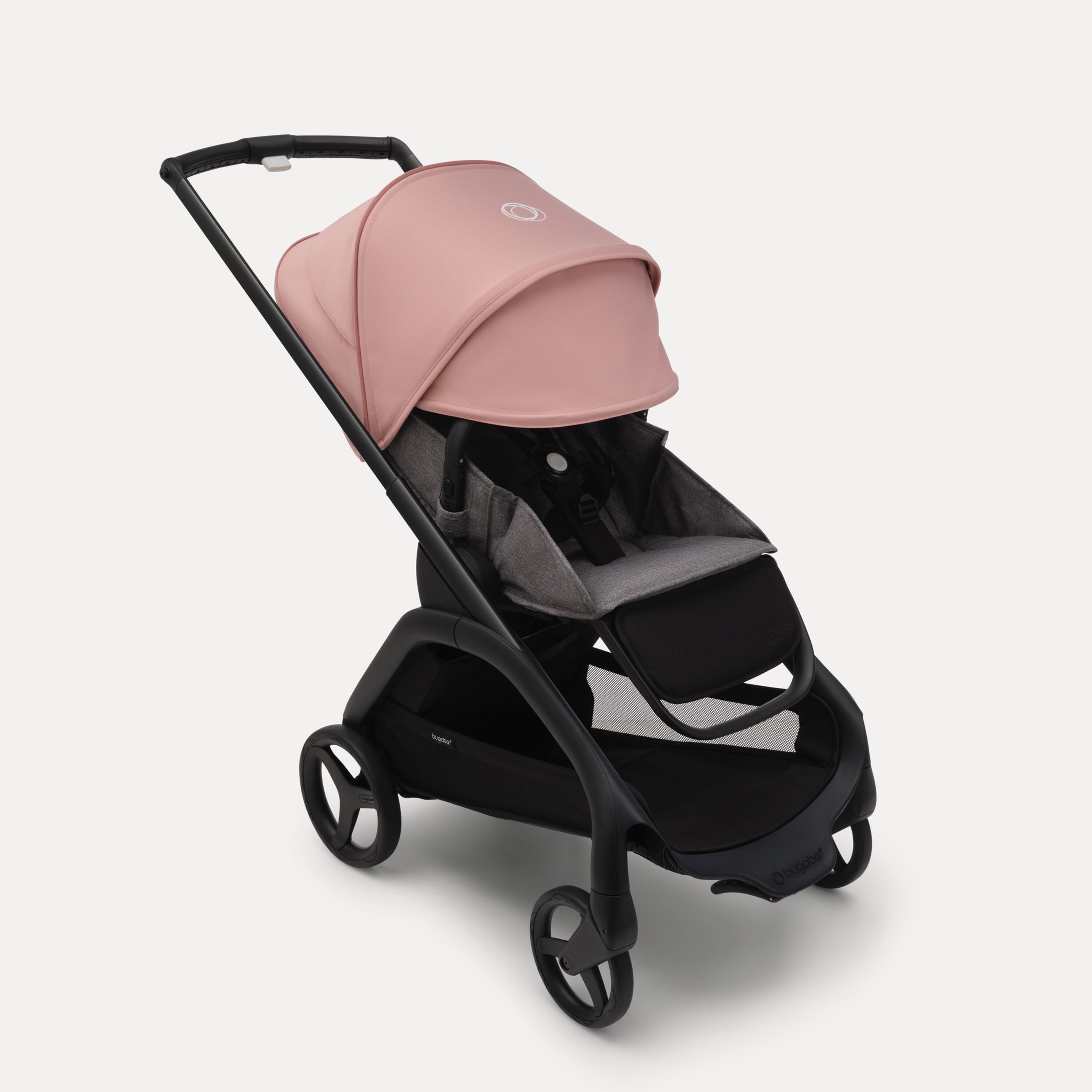 Bugaboo Dragonfly seat stroller with black chassis, grey melange fabrics and morning pink sun canopy. The sun canopy is fully extended. - Main Modal Image Slide 3 of 16
