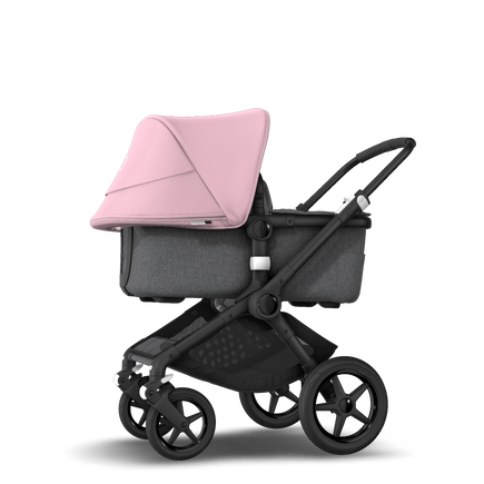 Bugaboo Fox 2 seat and bassinet stroller soft pink sun canopy, grey melange fabrics, black base
