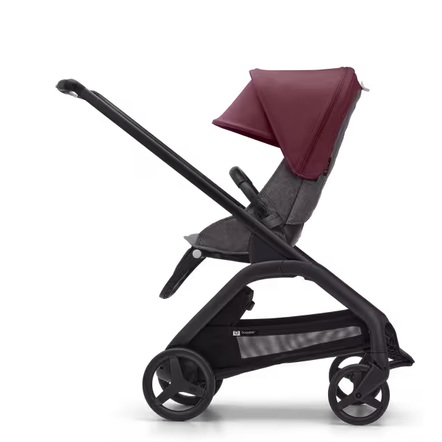 ブラックのシャーシ、グレーメランジのファブリック、グレーメランジのサンキャノピーを装着したバガブー ドラゴンフライ シートストローラーの横からの外観。 - Main Image Slide 2 of 16