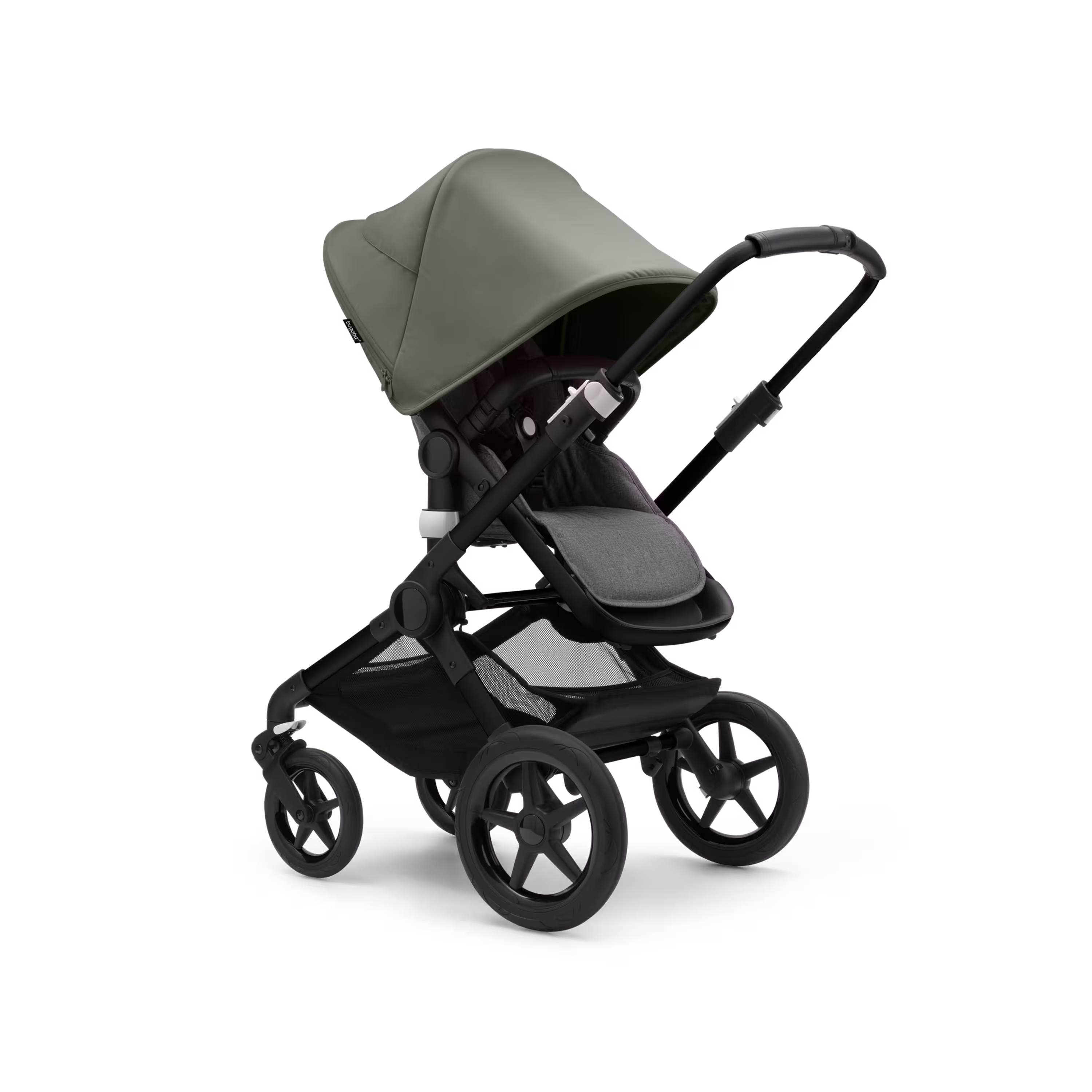Bugaboo Fox 3 seat stroller with black frame, black fabrics, and forest green sun canopy. - Main Modal Image Slide 7 of 7
