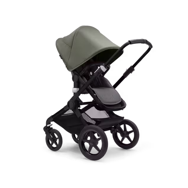 Bugaboo Fox 3 seat stroller with black frame, black fabrics, and forest green sun canopy. - Main Image Slide 7 of 7