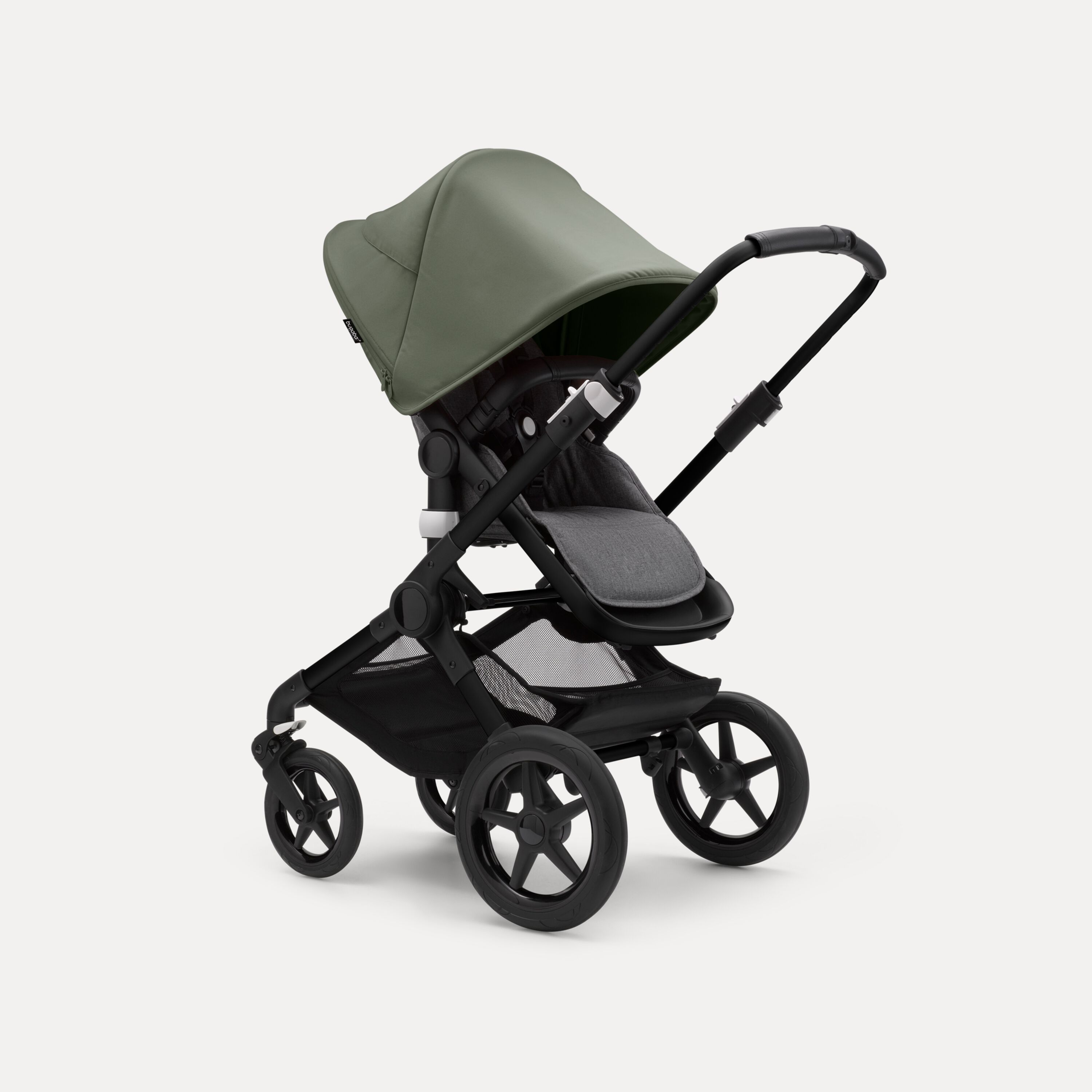 Bugaboo Fox 3 seat stroller with black frame, black fabrics, and forest green sun canopy. - Main Modal Image Slide 7 of 7