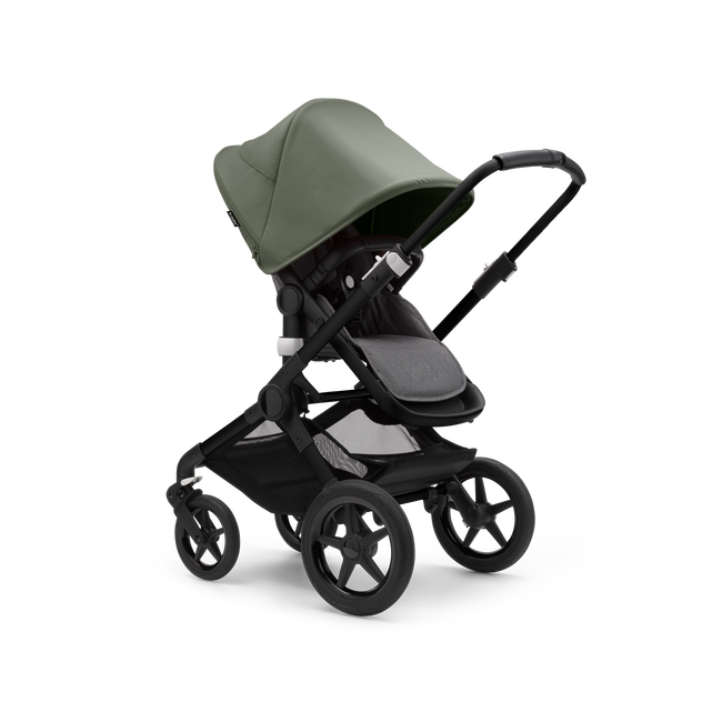 Bugaboo Fox 3 seat stroller with black frame, black fabrics, and forest green sun canopy.