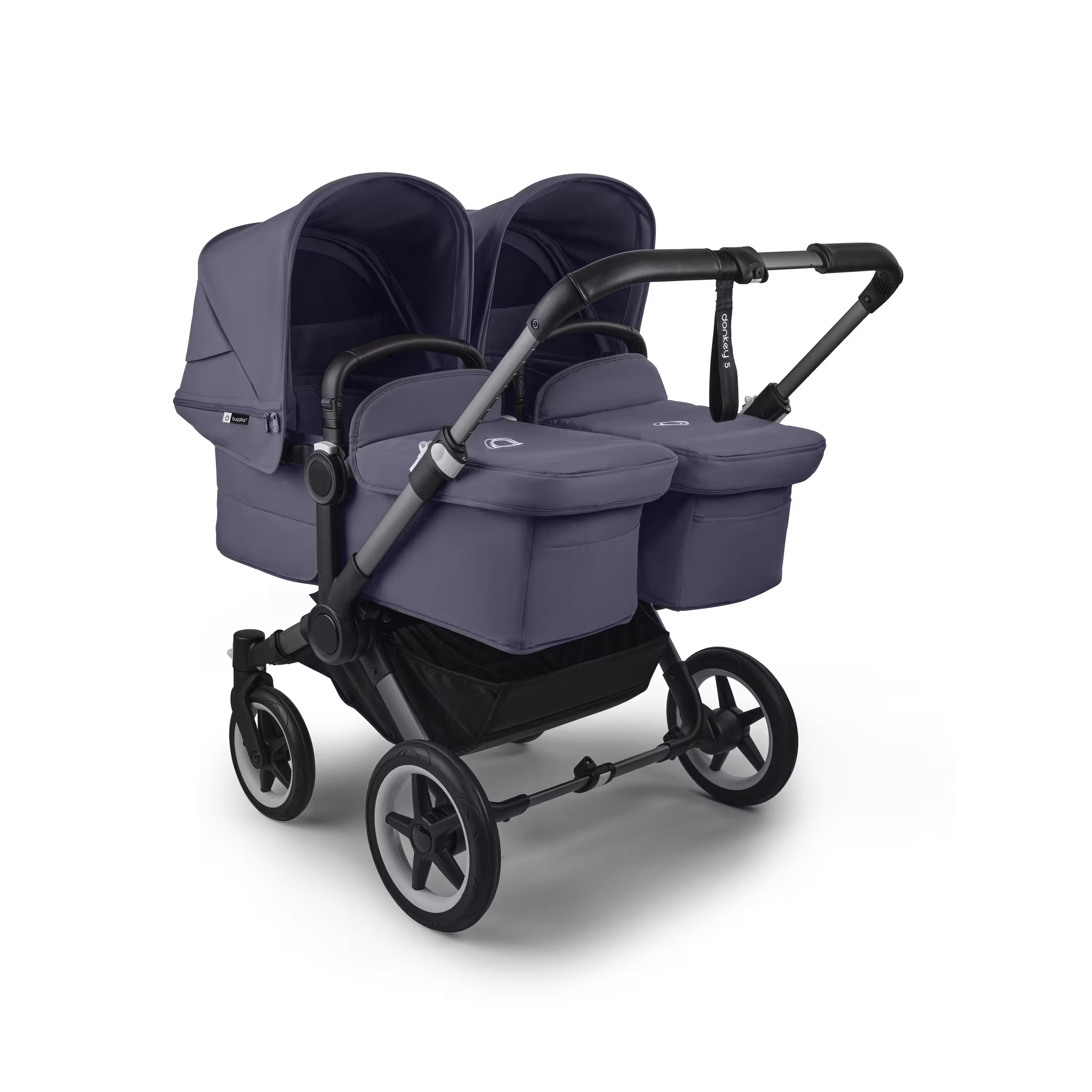 Bugaboo Donkey 5 twin stroller graphite base, stormy blue fabrics, stormy blue sun canopy - Main Modal Image Slide 1 of 12