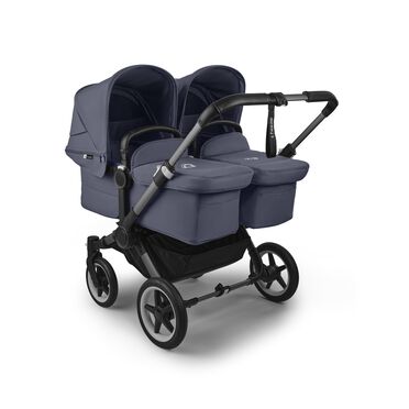 Bugaboo Donkey 5 twin stroller graphite base, stormy blue fabrics, stormy blue sun canopy