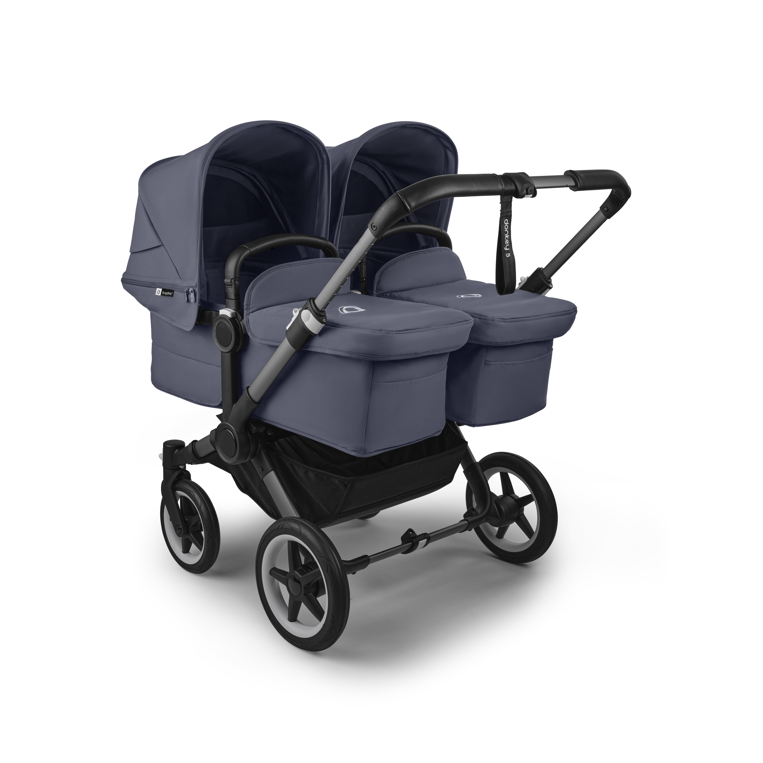 Bugaboo Donkey 5 twin stroller graphite base, stormy blue fabrics, stormy blue sun canopy - Thumbnail Slide 1 of 12