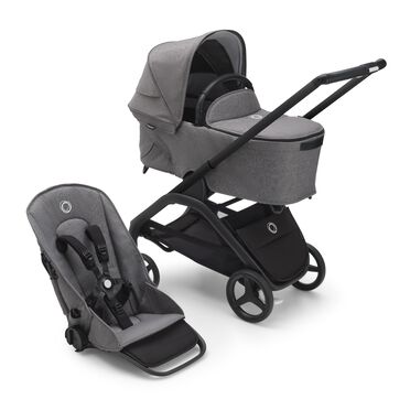 Refurbished Bugaboo Dragonfly bassinet and seat stroller black base, grey melange fabrics, grey melange sun canopy