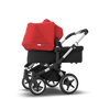 Bugaboo Donkey 3 Duo seat and bassinet stroller red sun canopy, black fabrics, aluminium base