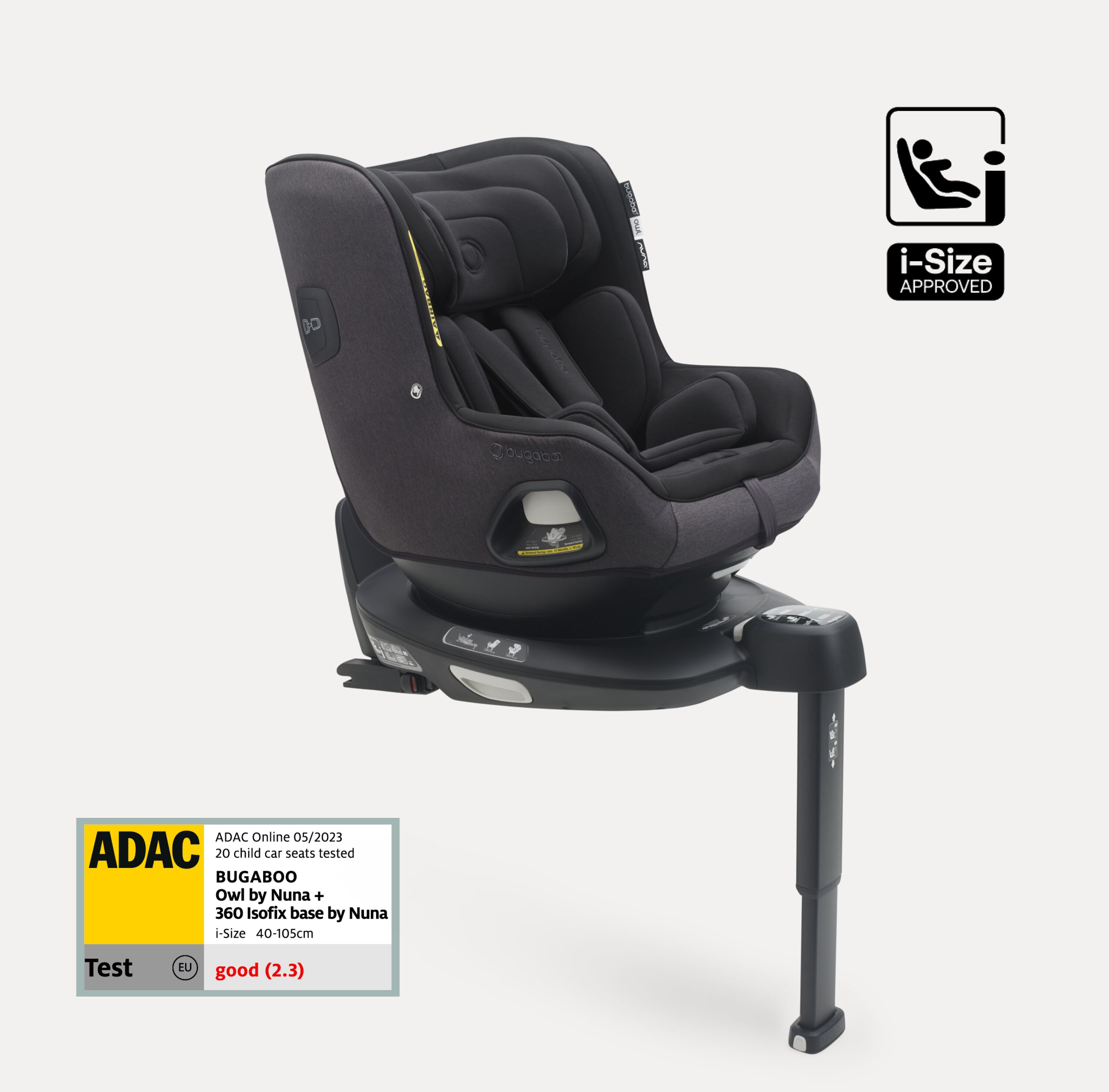 Bugaboo Owl by Nuna car seat in black fabrics on the 360 ISOFIX Base, with stability leg extended. Text reads: i-Size approved. - Main Modal Image Slide 1 of 8