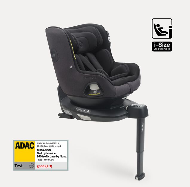 Bugaboo Owl by Nuna car seat in black fabrics on the 360 ISOFIX Base, with stability leg extended. Text reads: i-Size approved. - Main Image Slide 1 of 8