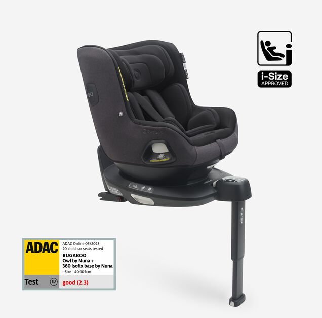 Bugaboo Owl by Nuna car seat in black fabrics on the 360 ISOFIX Base, with stability leg extended. Text reads: i-Size approved. - Main Image Slide 1 of 8