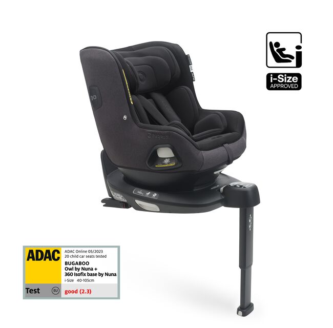 Bugaboo Owl by Nuna car seat in black fabrics on the 360 ISOFIX Base, with stability leg extended. Text reads: i-Size approved. - Main Image Slide 1 van 12