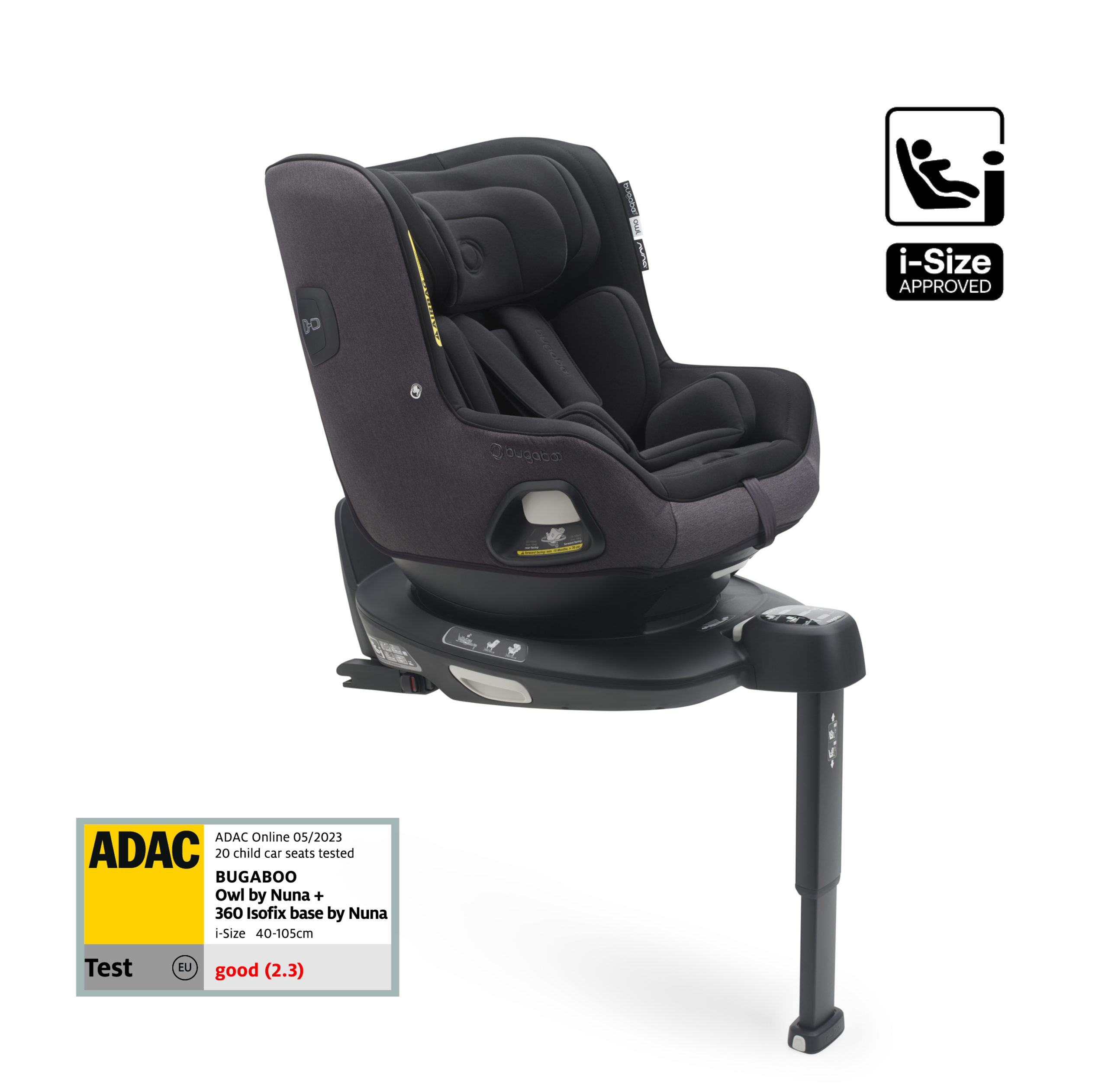 Bugaboo Owl by Nuna car seat in black fabrics on the 360 ISOFIX Base, with stability leg extended. Text reads: i-Size approved. - Thumbnail Slide 1 of 8