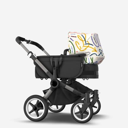 Bugaboo Donkey 5 Mono bassinet and seat stroller graphite base, midnight black fabrics, art of discovery white sun canopy