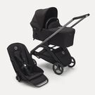 RBLU Bugaboo Dragonfly bassinet and seat stroller graphite base, midnight black fabrics, midnight black sun canopy
