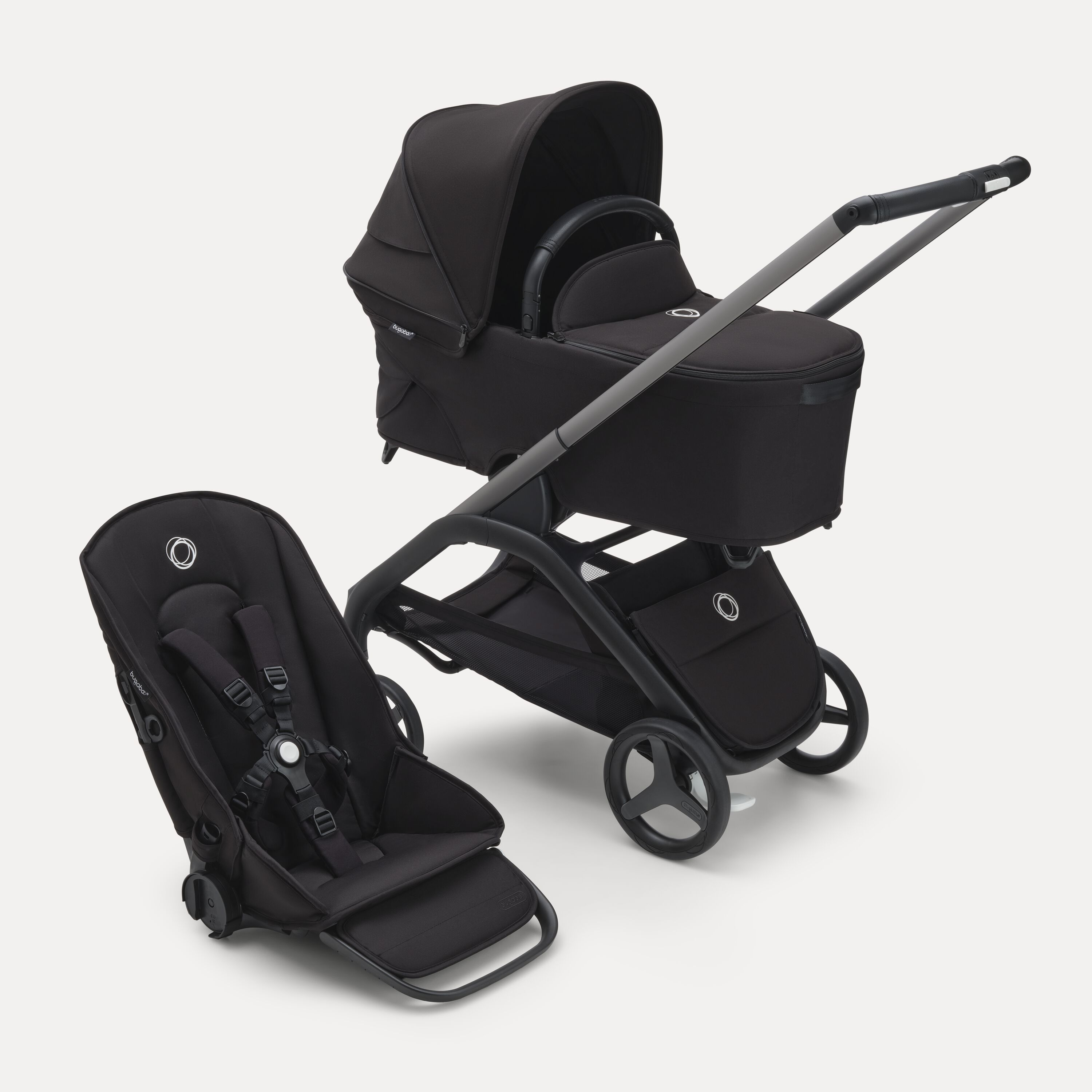 RBLU Bugaboo Dragonfly bassinet and seat stroller graphite base, midnight black fabrics, midnight black sun canopy - Main Modal Image Slide 1 of 12
