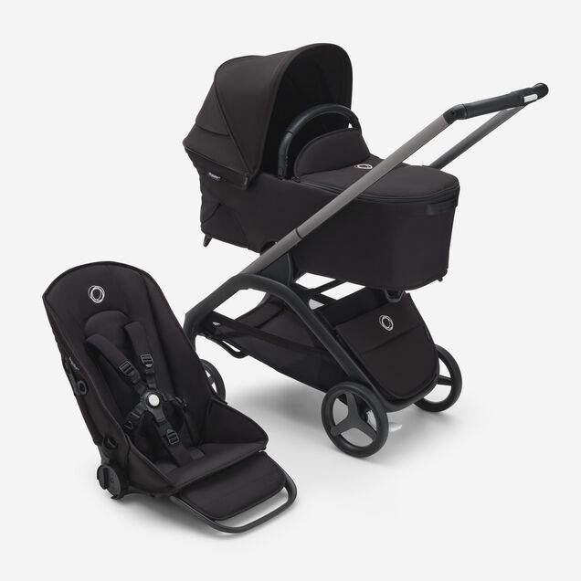 RBLU Bugaboo Dragonfly bassinet and seat stroller graphite base, midnight black fabrics, midnight black sun canopy - Main Image Slide 1 van 12