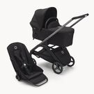 Refurbished Bugaboo Dragonfly bassinet and seat stroller graphite base, midnight black fabrics, midnight black sun canopy