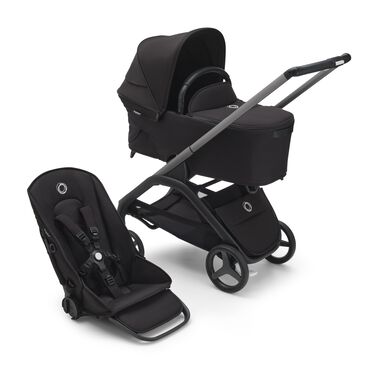 RBLU Bugaboo Dragonfly bassinet and seat stroller graphite base, midnight black fabrics, midnight black sun canopy